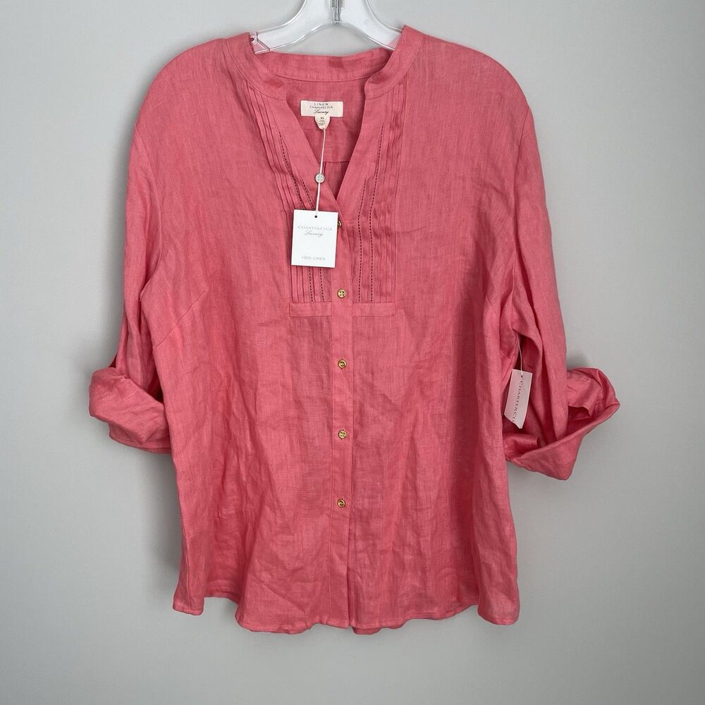 Charter Club Luxury Size XL Coral Long Sleeve 100% Linen Button Shirt NEW NWT